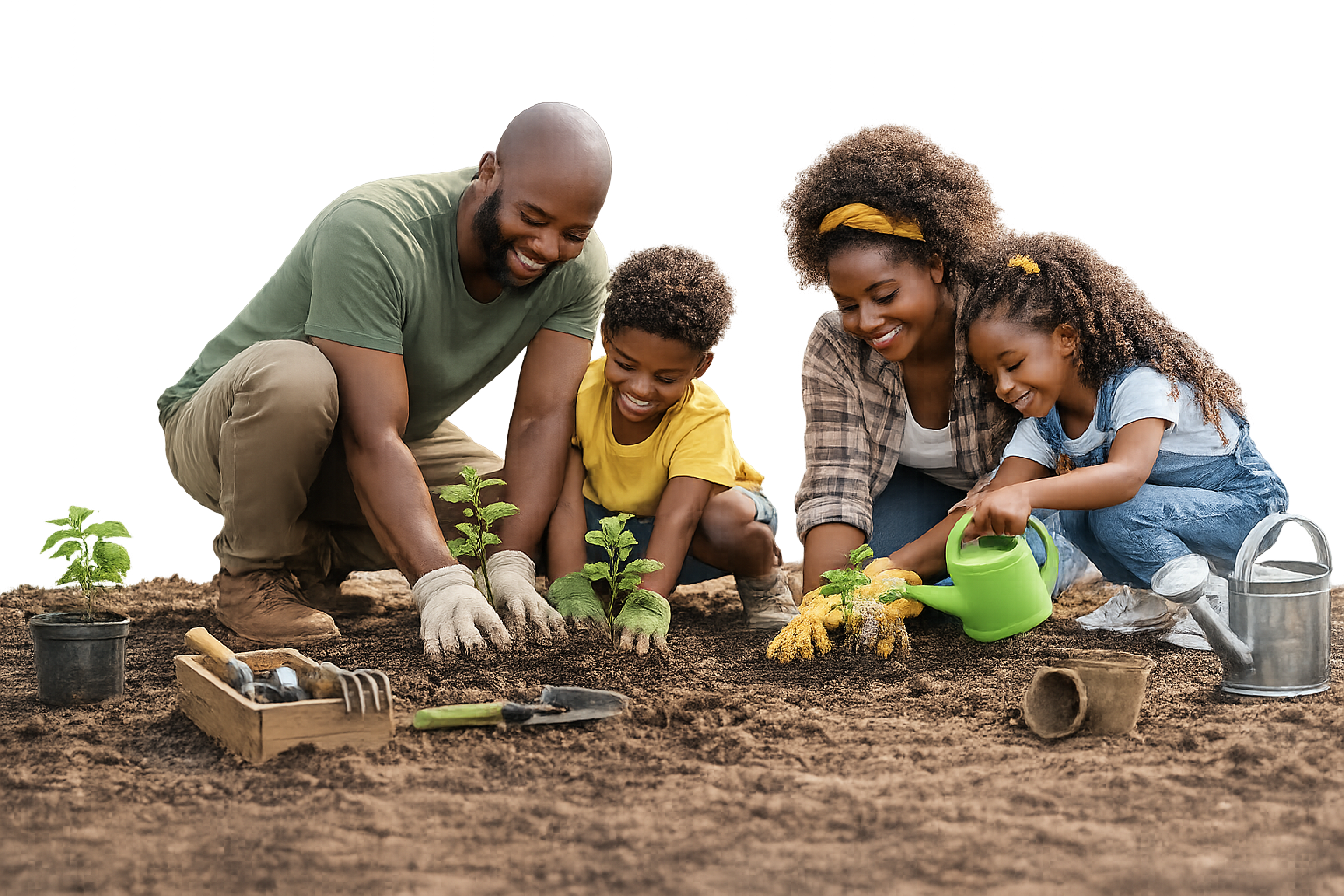 A family planting seedlings together in fresh soil